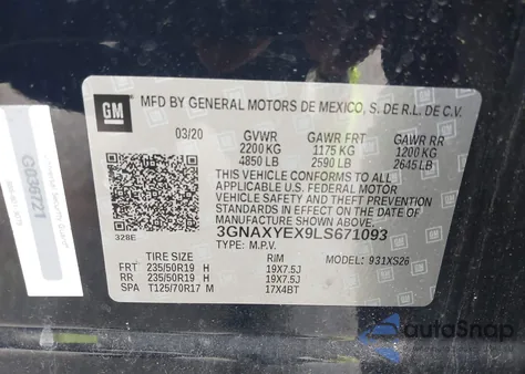 2020 Chevrolet Equinox Awd Premier 2.0L Turbo z USA, uszkodzony, nr VIN 3GNAXYEX9LS671093